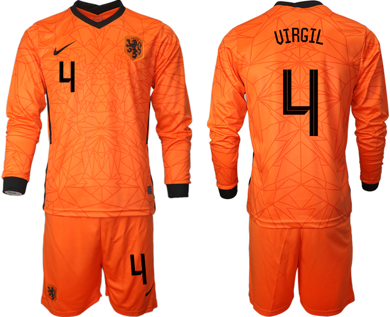 Men 2021 European Cup Netherlands home long sleeve #4 soccer jerseys->netherlands(holland) jersey->Soccer Country Jersey